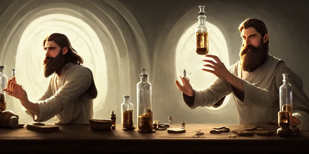 Image similar to a handsome bearded white male wizard with brown hair he is casting a spell emanating from his hands, he is in a alchemist workshop filled with beakers and equipment, neurral hand pose, neutral pose, sharp focus, waist up, 4 k, by greg rutkowski, rudy siswanto and anna podedworna