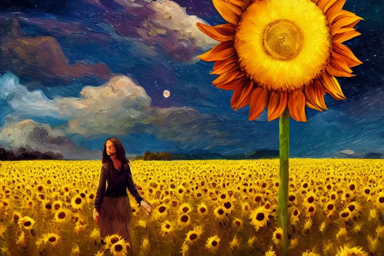 Image similar to giant sunflower as a head, girl walking in wheat field, hills, surreal photography, dark night, star trails, dramatic light, impressionist painting, clouds, digital painting, artstation, simon stalenhag