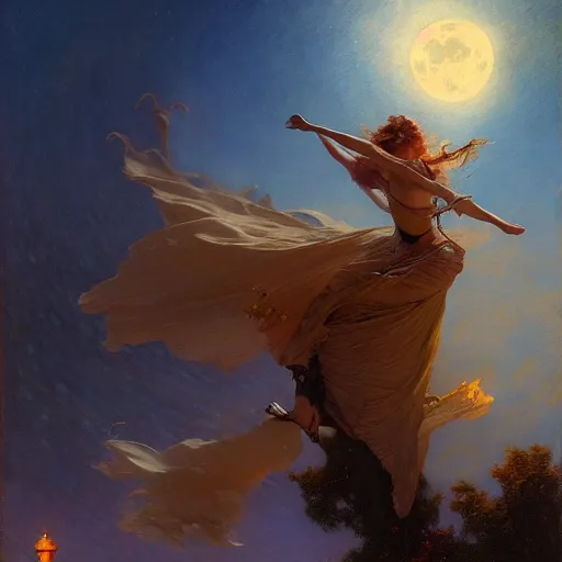 Image similar to attractive witch magically flying trough the night, fantasy, full moon in background. highly detailed painting by gaston bussiere, craig mullins, j. c. leyendecker 8 k