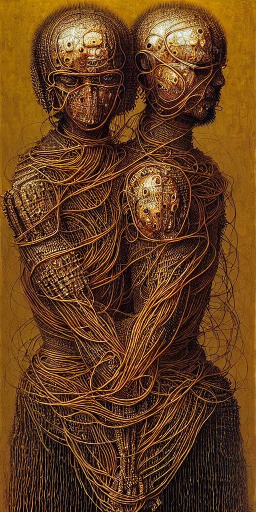 Image similar to siamese twins made of spaghetti, intricate armor made of spaghetti fractals, ancient warrior, samurai style, by giuseppe arcimboldo and ambrosius benson, renaissance, intricate and intense oil paint, a touch of beksinski, realistic