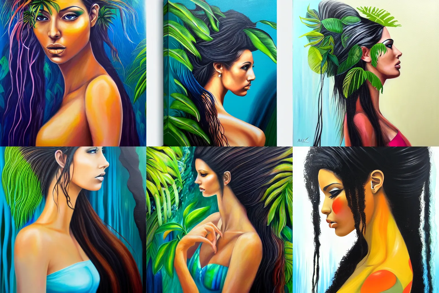 Image similar to side view portrait of beautiful woman constructed of a tropical rainforest, her hair is constructed of a waterfall, acrylic painting, art by dimitra milan.
