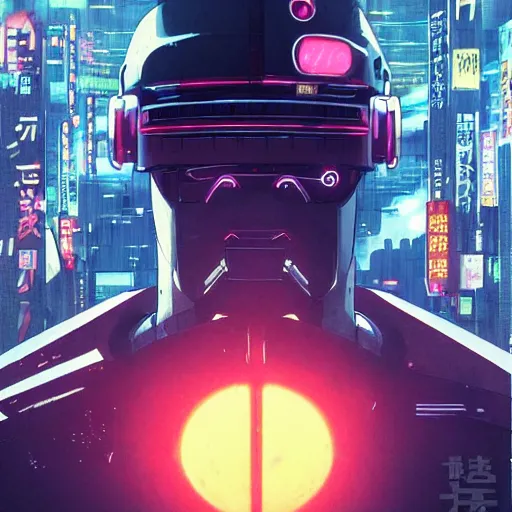 Image similar to a japanese cyberpunk android, wide shot, finely detailed features, cyborg robot parts with glowing lights!, dramatic cinematic, night, at cyberpunk city, ghost in the shell, akira, noir, manga!, heavy metal!, painted by greg rutkowski makoto shinkai takashi takeuchi craig mullins, alphonse mucha, studio ghibli, pixiv