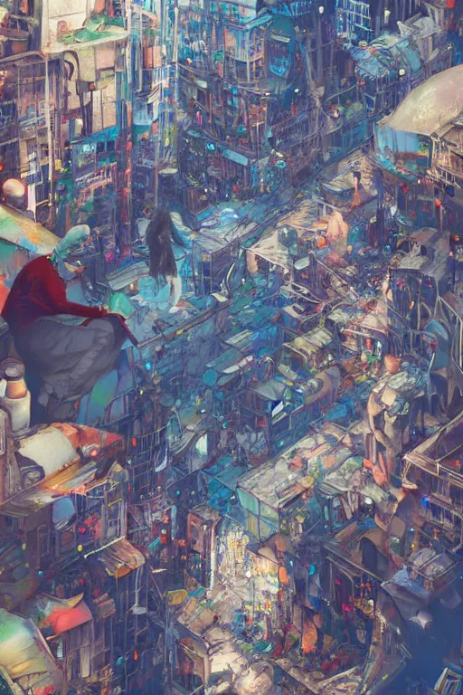 Prompt: dreamlike people in a busy city people surrounded by 3d graffiti paint dripping down to the floor, professional illustration by moebius, hiroshi yoshida, painterly, yoshitaka Amano, artgerm, loish, painterly, and james jean, illustration, moon lighting, masterpiece