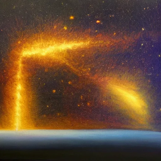 Prompt: painting of universe with electric strikes, warm backlit, wide