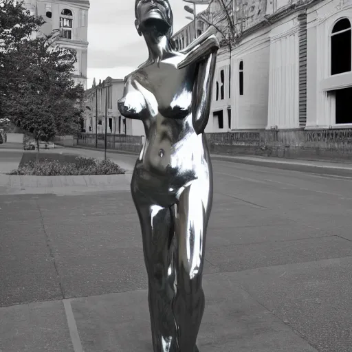 Prompt: aniston full body, statue, chrome, reflect, photograph