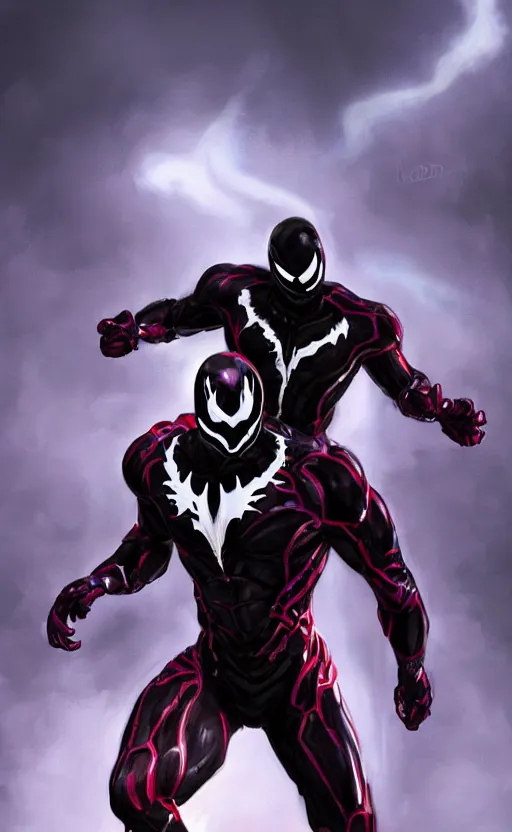 Image similar to venom in a venom inspired ironman suit, purple, black and red, dynamic lighting, photorealistic fantasy concept art, trending on art station, stunning visuals, terrifying, creative, cinematic