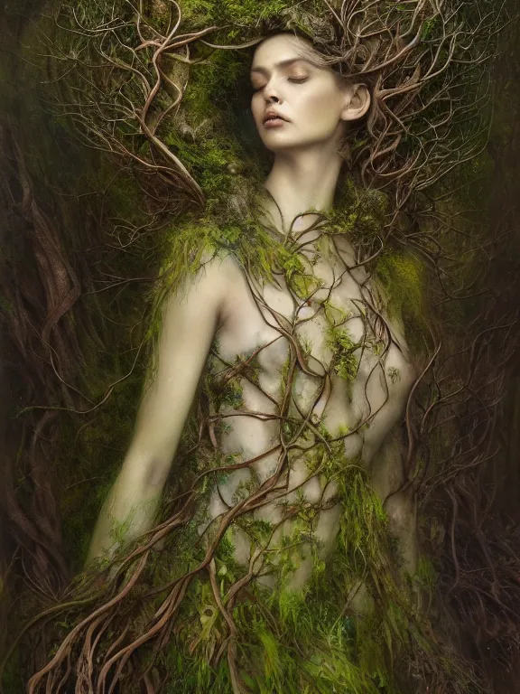 Prompt: Full View Portrait Mystical ethereal woodland deity wearing beautiful dress, Oak Dryad made of vines tree bark moss beautiful dress, 4k digital masterpiece by Greg Rutkowski and Ruan Jia and Tom bagshaw, Alberto Seveso, fantasycore, Hyperdetailed, realistic oil on linen, soft lighting, kush background, featured on Artstation, textured, stylized, intricate details