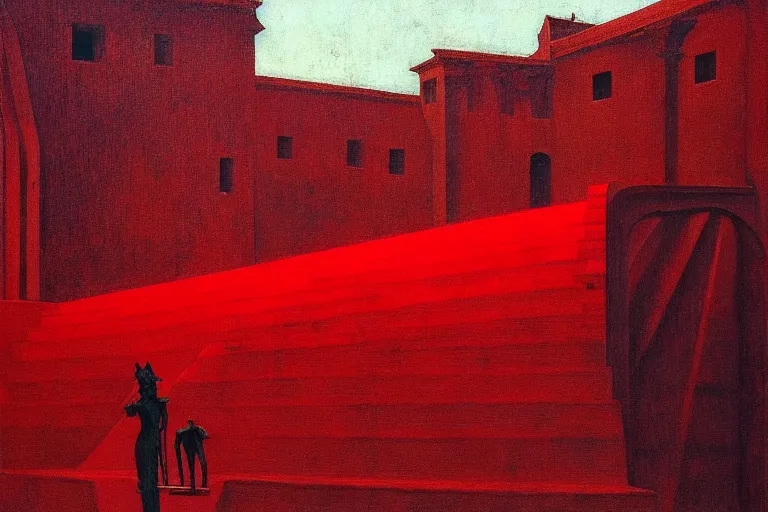 Prompt: only with red, a red melted emperor in an authoritarian position, taormina amphitheatre, crowd hails him, in the style of beksinski, parts by edward hopper, parts by rodcenko, parts by yue minjun, intricate and epic composition, red by caravaggio, insanely quality, highly detailed, masterpiece, red light, artstation, 4 k