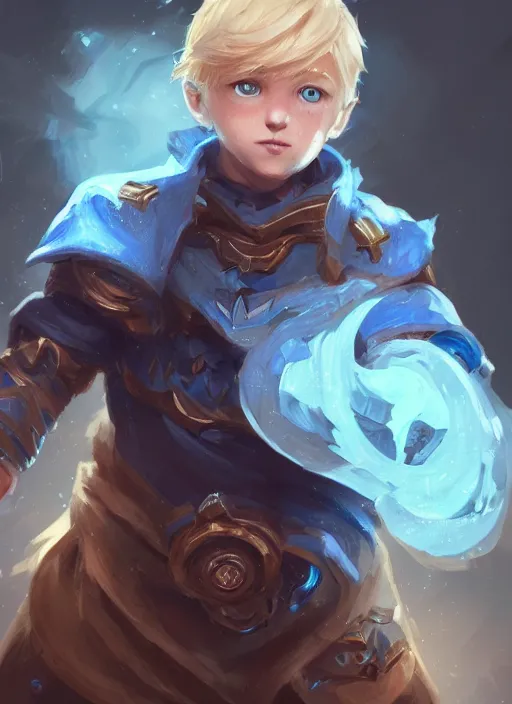 Image similar to a highly detailed illustration of cute little blonde blue eyes boy, wide eyed adventurous pose, intricate, elegant, highly detailed, centered, digital painting, artstation, concept art, smooth, sharp focus, league of legends concept art, WLOP