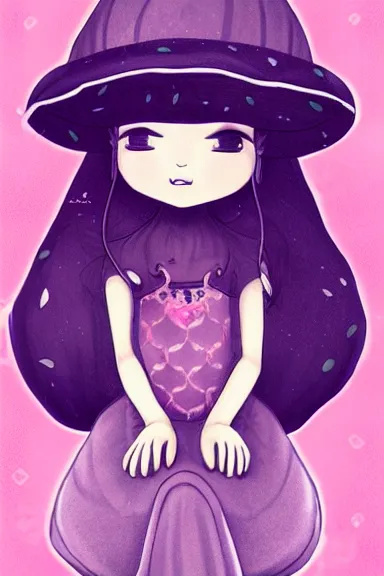 Image similar to a little girl wearing a mushroom hat in dress sitting | | purple curvy hair, pretty face, fine details, digial art by lois van baarle, anatomically correct, perfect composition, symmetrical, fantastic, clean details, anime character, extremely detailed