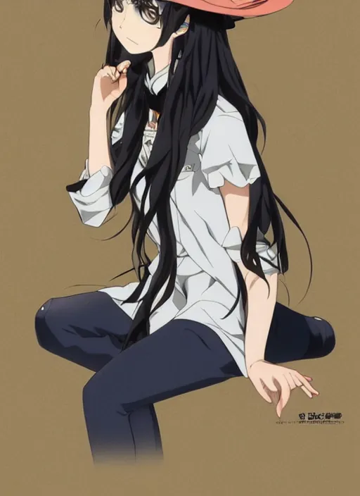 Image similar to key anime visual of a beautiful girl wearing a beige beret and blue shirt; long black hair; anime; drawn by Shigenori Soejima; 3 tone colors