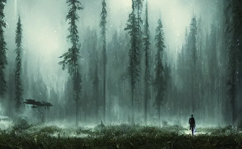 Prompt: a scene from the movie Interstellar, forest planet, epic digital art