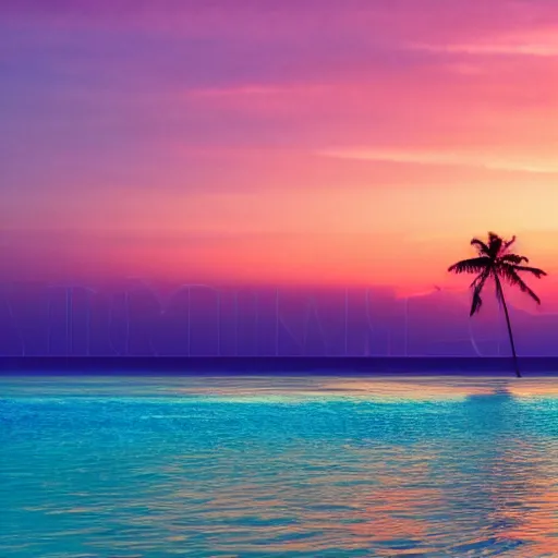 Prompt: Photo of the middle of the ocean, tiny, hilly islands made of sand, a couple of palm trees, sunset, pink clouds, dreamy, enchanting, ultrarealistic, establishing shot