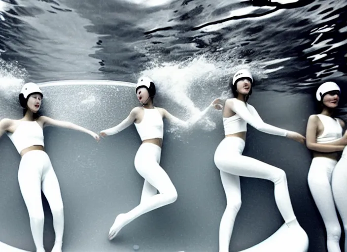 Image similar to realistic photo of a group of common girls in white tights, wearing white spherical helmets, in a big white plastic sci - fi egg - like pool with black water, in a center of the pool with black oil water, the sky is grey 2 0 0 0, life magazine photo,