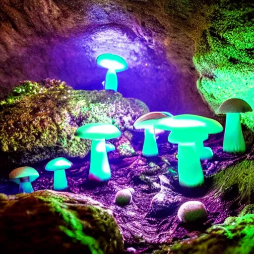 Image similar to a beautiful bioluminescent mushroom cave scene