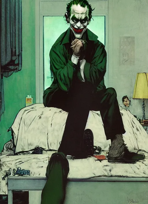 Image similar to full body and head portrait of the joker sitting on the edge of a bed in a dark and dingy dystopian apartment lit by green light, painted by norman rockwell and tom lovell and everett raymond kinstler