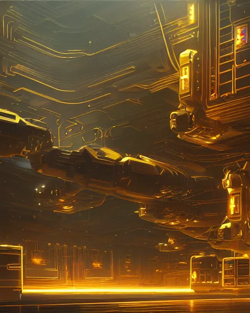 Image similar to cult of technology, exterior of scifi temple, machines, robots, ultra realistic, golden computers, highly detailed, atmosphere, masterpiece, epic lighting, glowing wires, transparent objects, mysterious, highlighted, 4 k, cinematic, art by patryk olkiewicz and chris ostrowski and liang yao