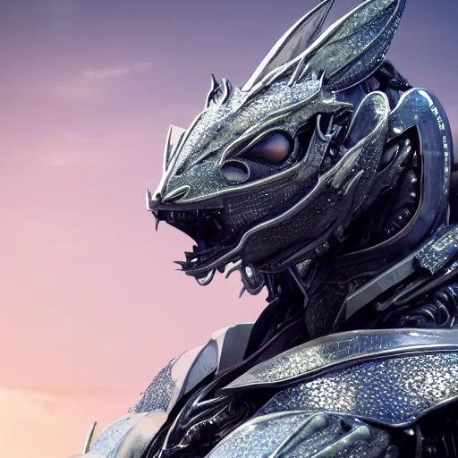 Image similar to a highly detailed close up of a beautiful majestic anthropomorphic robot female dragon, with smooth and streamlined mechanical armor, standing and posing elegantly on a beach, well detailed head with eyes and a maw, with sharp claws on her hands and feet, two arms, two legs, long tail, artstation, DeviantArt, professional, octane render, sunset lighting