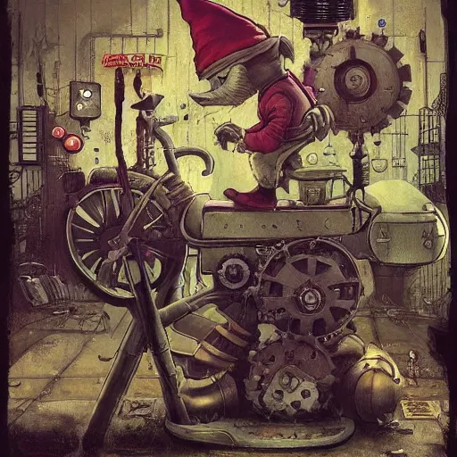 Image similar to Graffiti Spraypaint A gnome gnome riding a steampunk automaton clockwork golem golem jim lambie anato finnstark james gurney norman rockwell greg rutkowski basquiat alberto sughi tombow