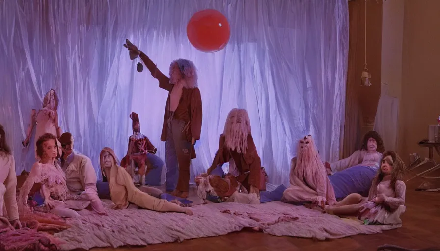 Prompt: movie still by alejandro jodorowsky of a beautiful day in a family living room in suburban california usa, visible magic energy, dream creature costumes, floating organisms, cult things, glowing parade float, cinestill 8 0 0 t eastmancolor technicolor, high quality, very detailed, heavy grain, fine facial features, 8 k, octane render