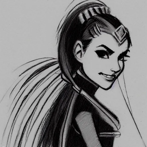 Image similar to milt kahl sketch of victoria justice with done up hair, tendrils covering face and ponytail as princess padme from star wars episode 3