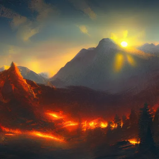 Prompt: mountain landscape, backlit by fire, 4 k, digital art, concept art, trending on artstation