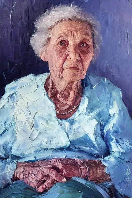 Image similar to palette knife oil painting portrait of rosina leckermaul, an elderly woman who is in a deep state of depression, extreme detail, artstation trending, grandma, blue, artgerm, any racial background, deviant art, octane, substance, art history 8 k