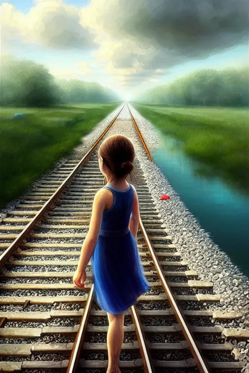 Image similar to on reflective water a barefoot girl carries her shoes, underwater train tracks, there is a train station in the distance and large white clouds on a wide horizon, intricate, elegant, highly detailed, digital photo, artstation, concept art, smooth, sharp focus, low angle photo, art by artgerm and greg rutkowski and fra angelico