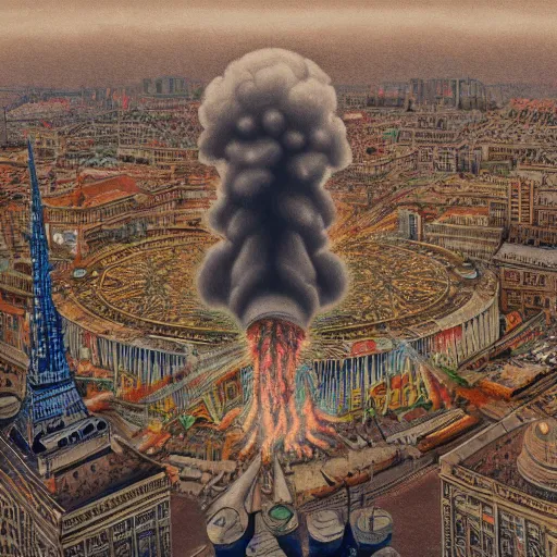 Prompt: nuclear bomb exploding in the center of a city, detailed 1 9 2 0 ’ s colored pencil, highly detailed, highly accurate, deep aesthetic, 8 k, highly ornate intricate details, cinematic lighting, rich colors, ray tracing, hyperrealistic, photorealistic, cinematic landscape, trending on artstation,