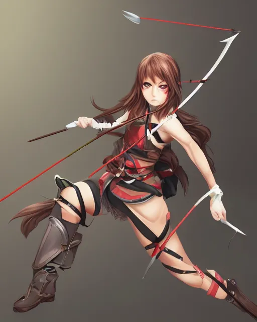 AI Image Generator: Anime art Dark-skinned female human archer in a forest  with a black cloak anime art bow and arrow at the ready anime art portrait  2 hands attractive sexy black