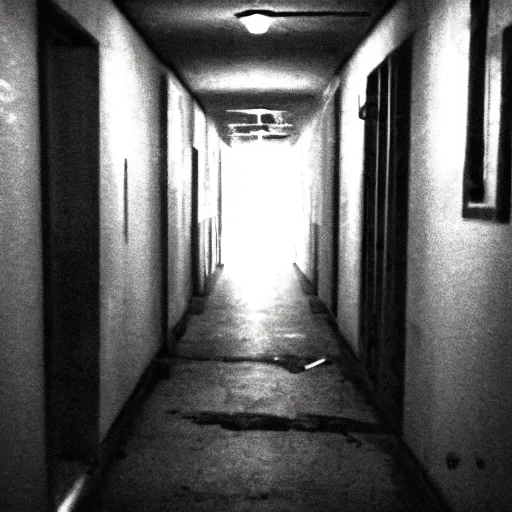 Image similar to found footage of a horrifying creepy narrow hallway with a glowing smiley face at the end, liminal space, very dark lighting, horror scene