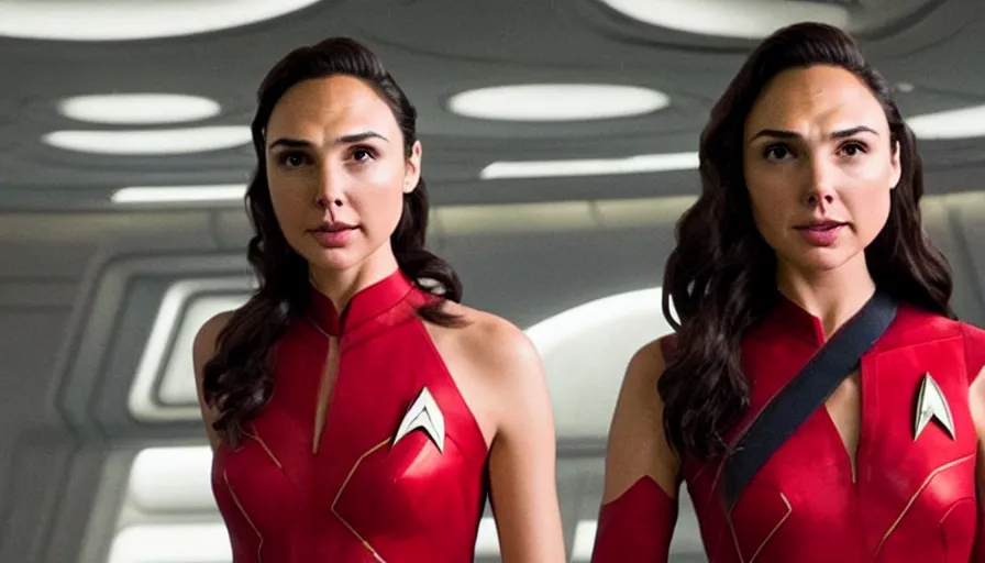 Image similar to Gal Gadot, wearing command red, is the captain of the starship Enterprise in the new Star Trek movie