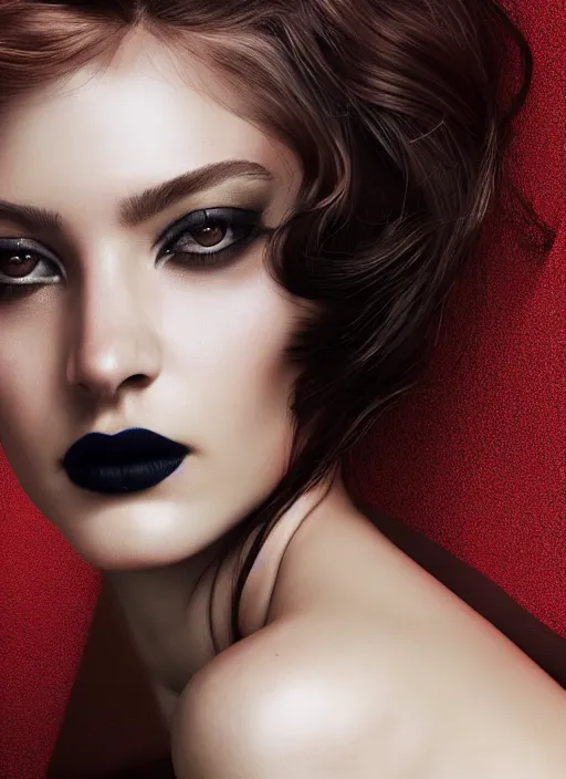 Image similar to italian vogue beauty cover portrait of a female model with a dark bob and strong make up by steven meisel, etheral setting, 8 k, octane render, ultra sharp hyper detailed digital art