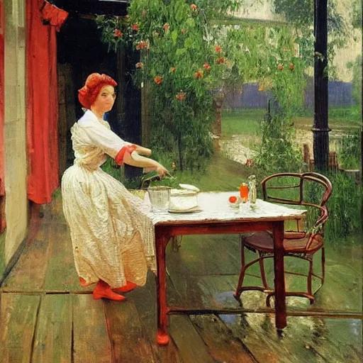 Image similar to a gorgeous housewife putting dishes on a table in the backyard, the table has a parasol, rainy scene, 1 9 5 0's, medium symmetry, by ilya repin, extreme detail, 8 k, intricate abstract, photorealistic