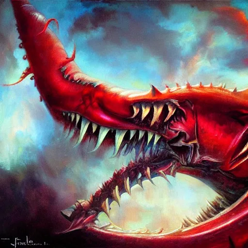 Image similar to detailed wide shot red gyrados in water shooting hyperbeam from fanged mouth angry intricate, hyper detailed, realistic, oil painting, by julie bell, frank frazetta, cinematic lighting