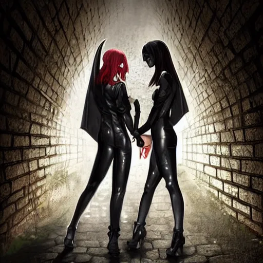 Image similar to a schoolboy and intimidating by a succubus in a leather suit leaning on a cracked brick wall, devil wings, long hallway, seductive, light at the end of the tunnel, volumetric lighting, concept art, detailed, dramatic lighting, by artgerm