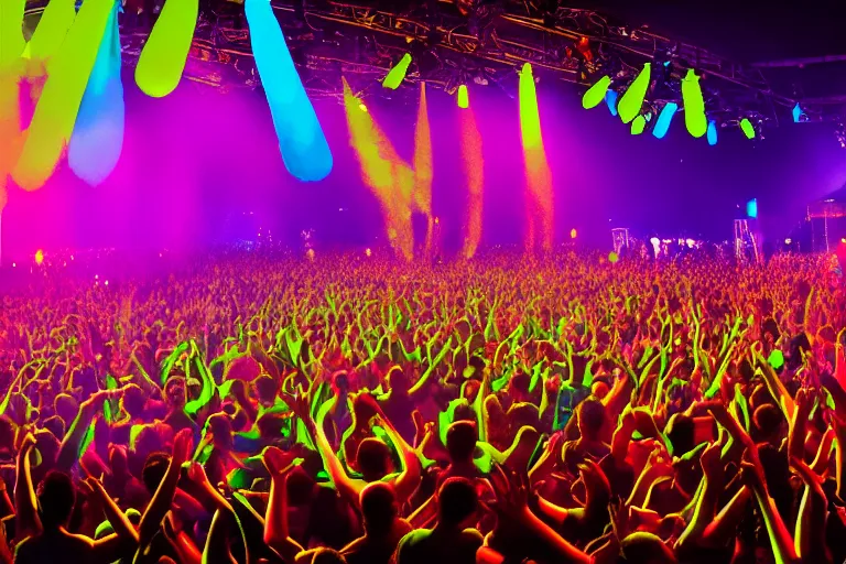 Prompt: a huge crowd partying with their hands up at a festival, silhouette, digital art, vivid colors, trending on artstation, 4k, unreal engine, intricate, ornate