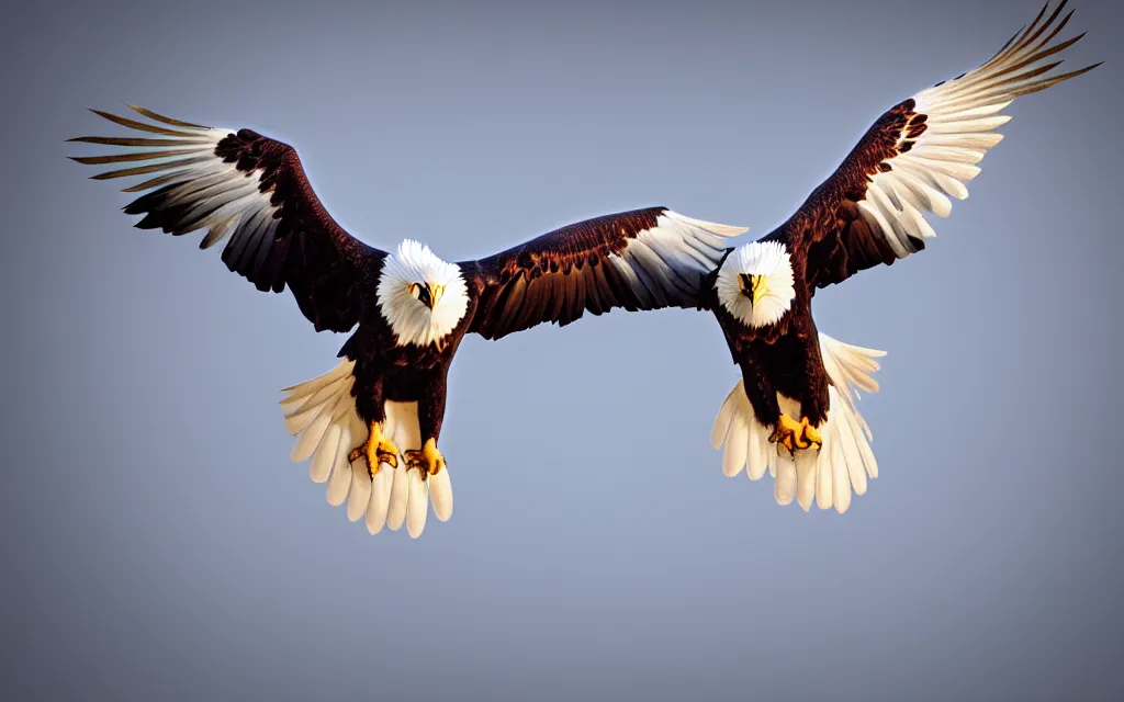 Prompt: hd photo cinematic concept art bald eagle in white ivory and metallic gold with wings outstretched flying with red and white feathered wings, dark blue evening night with stars in the sky