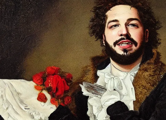 Image similar to romanticism painting of post malone during the french revolution