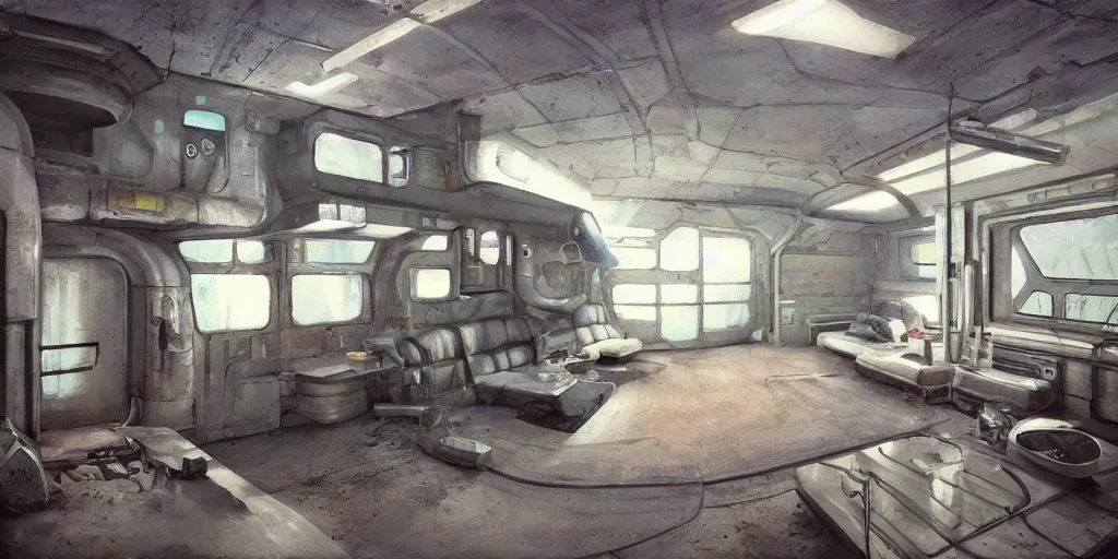 Image similar to faded steel industrial spaceship cramped living quarters painted clean interior room sci - fi