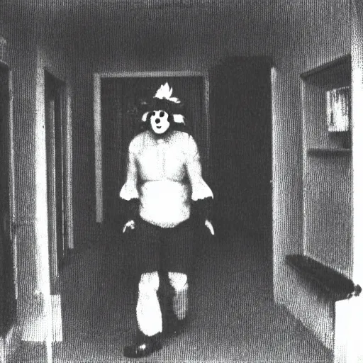 Image similar to Clown in the backrooms. Liminal. VHS found footage. Shaky, grainy.