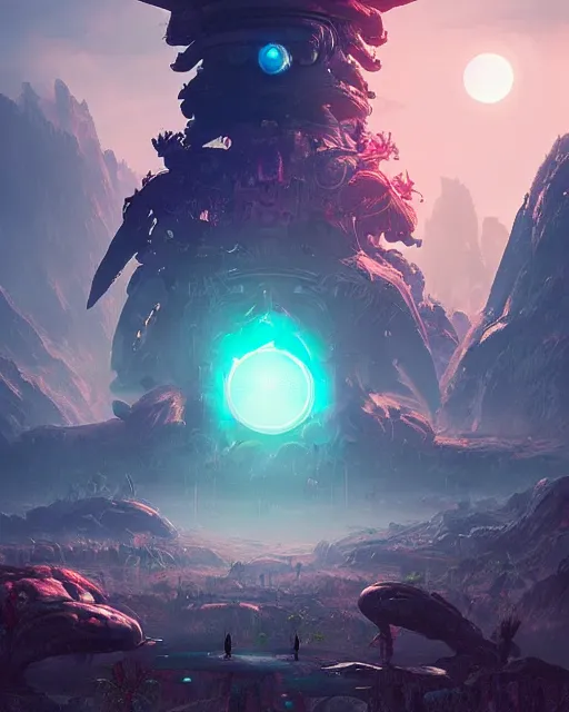 Image similar to alien temple, beautiful landscape, nier automata, protoss!!!!, machine planet, mothership in the sky, pink sun, tropical forest, colorful light, advanced technology, cinematic lighting, highly detailed, masterpiece, art by bastien grivet and darwin cellis and jan urschel