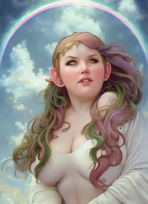 Prompt: a chubby elf woman with pointed ears, wearing a white sundress, rainbow pastel clouds for hair, realistic painting by ross tran and gerald brom and alphonse mucha, artgerm, trending on artstation