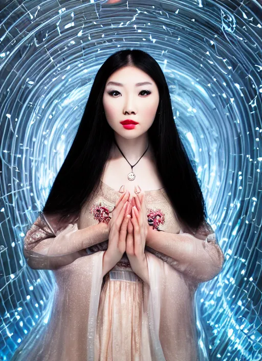 Image similar to photo shoot pose photo of beautiful Chinese ancient princess standing in the corridor in the space ship, symmetrical face, big eyes and lips, looking down, subtle makeup, clean face and body skin,ecstatic expression, ornamental jewelry and ancient translucent clothes, futuristic space ship interrior, wires with lights,depth of field, lens flares, dust in the air, moody lighting, intricate, elegant, highly detailed, centered, smooth, sharp focus, Donato Giancola, Joseph Christian Leyendecker, WLOP, Boris Vallejo, Artgerm moody photography, old photo, black and white, sepia, cinematic lighting, cinematic angle, editorial photography