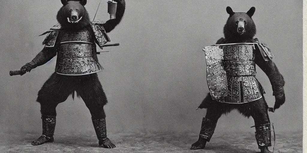 Image similar to anthropomorphic asian black bear in full samurai armor, 1900s photo