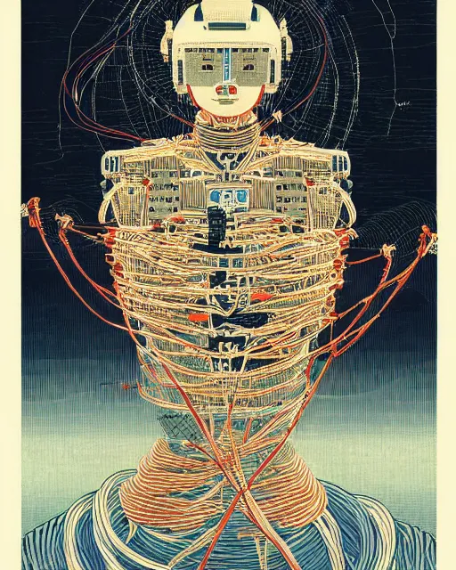 Image similar to Hiroshige portrait of a robot saint made of cables and robotic pod by victo ngai