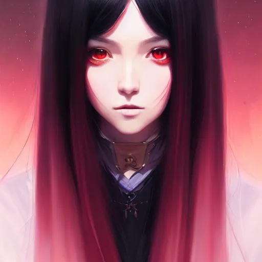 Image similar to a beautiful girl with long black hair and red eyes, fantasy, sharp focus, intricate, elegant, digital painting, artstation, matte, highly detailed, ambient lighting, portrait by Studio Ghibli, Rossdraws, artgerm, Ilya Kuvshinov, and Greg Rutkowski