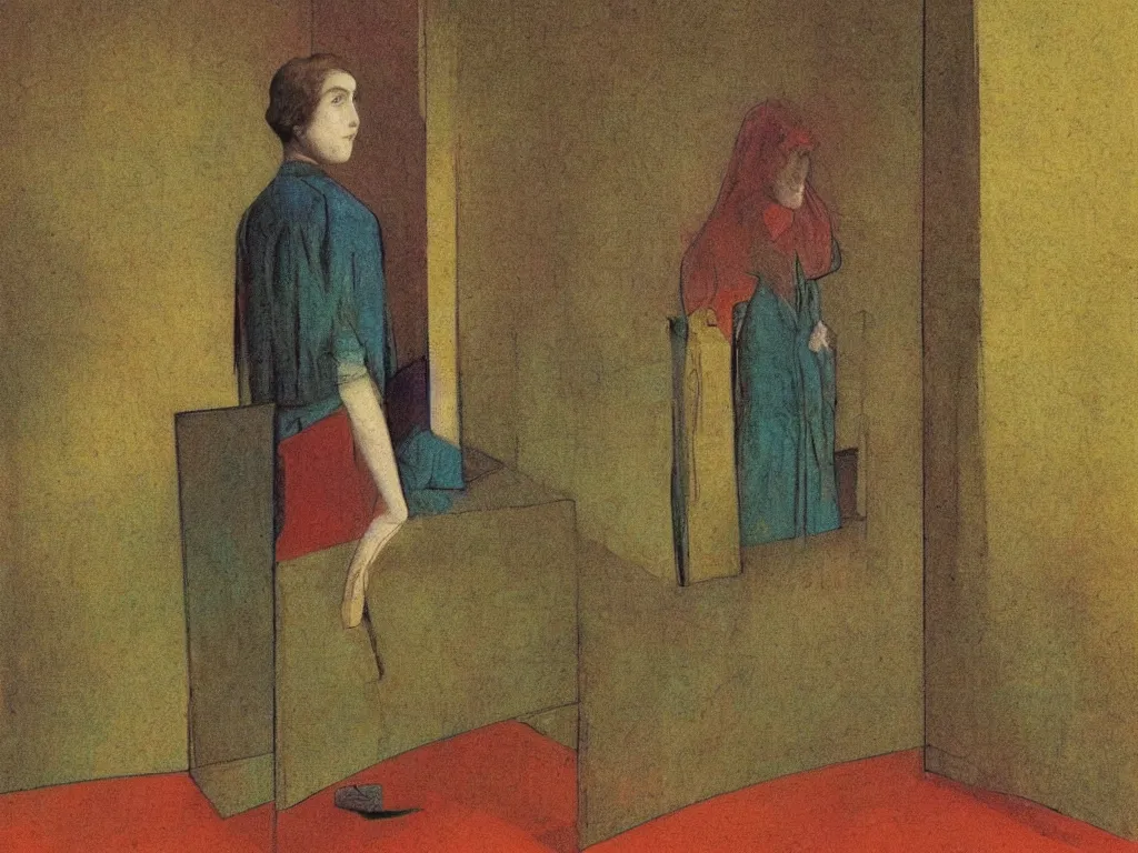Image similar to a lonely girl in an empty room, colored daguerreotype, by Mackintosh, by max Ernst, art noveau, bright pastel colors,
