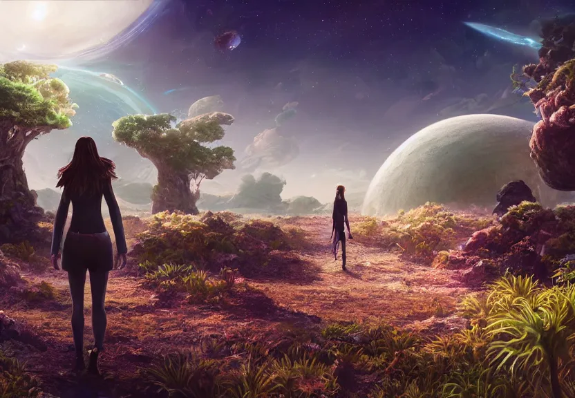 Image similar to a woman walking on a alien planet with alien plants and a giant galaxy appearing in the sky, digital art, anime style, 8K HDR, octane render, unreal engine 5, path tracing, breathtaking landscape, cinematic lighting, trending on Artstation, high quality, highly detailed, trending on DeviantArt, concept art