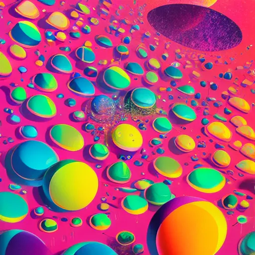 Image similar to a painting of a bunch of different colored objects, poster art by mike winkelmann, trending on behance, psychedelic art, behance hd, psychedelic, biomorphic